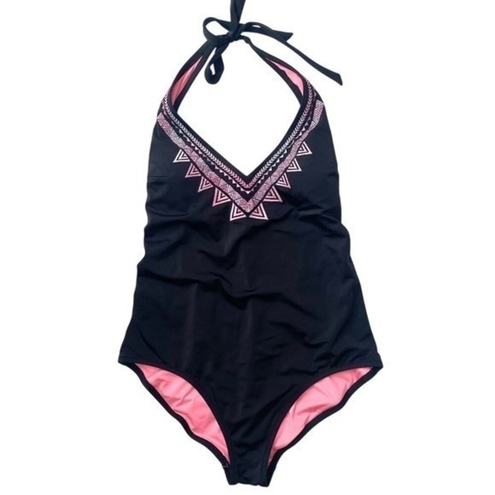 Victoria's Secret PINK Geometric Halter One Piece Swimsuit L Black